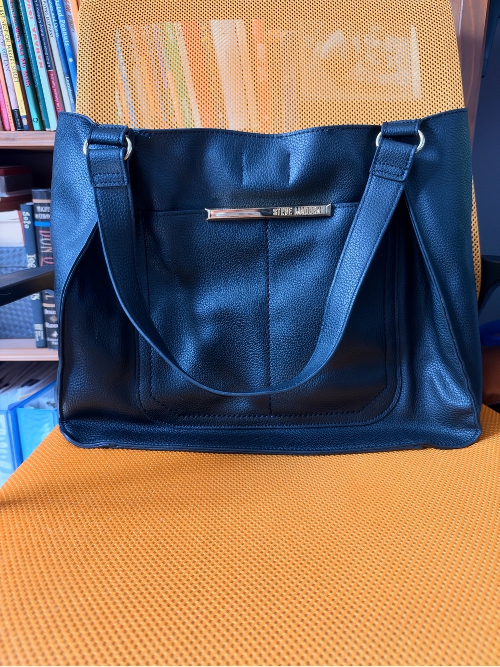 Steve Madden Navy Blue Pebbled Tote with Gold Logo Bar